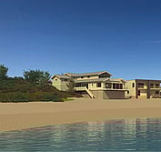 3D Model: View from South showing new beach house design in context with beach, slope and adjacent houses.