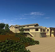 3D Model: View from Southwest showing new beach house design in context with beach, slope and adjacent houses.