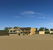 3D Model: View from Southeast showing new beach house design in context with beach, slope and adjacent houses.