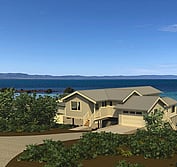 3D Model: View from Northwest looking down on driveway, garage and entry on upper floor near the top of slope.