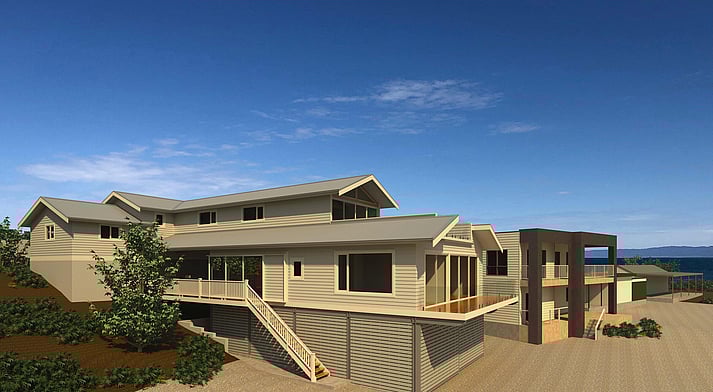 A new 2-storey Hamptons Style beach house at remote Douglas Point was designed to fit the contours and constraints of the site while complimenting the massing of the adjacent shacks.  A driveway and entrance at the upper floor improves access, a lower level deck with outdoor kitchen is sheltered from the sea breeze, and beach level boat storage makes use of the 100 year flood zone.The house was carefully located around existing rock features and vegetation to preserve the natural beauty of the site.