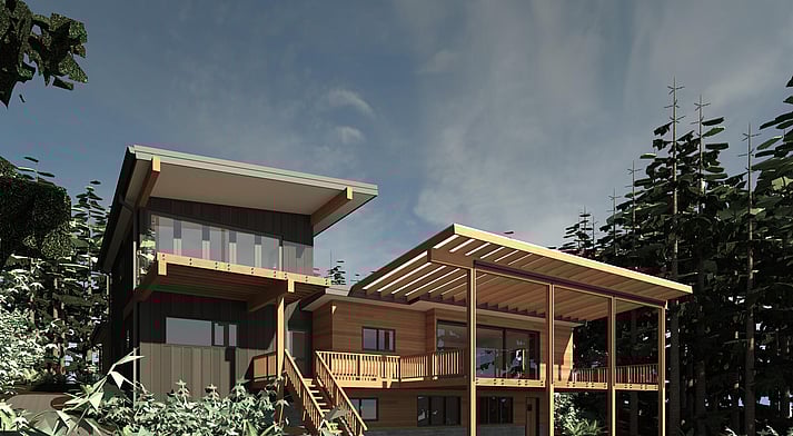 A two storey, Pacific NW modern style extension and renovation of an existing 1950s shack, located on a large wooded lot overlooking the Hood Canal with views of the Olympic Mountains to the West. A new heavy timber covered deck to the west incorporates roll down sunshades to control late afdternoon glare. A two storey addition clad in dark stained board and batten contains a new bedroom wing, while an attached garage is clad in T&G Cedar to match new cladding on the existing house.