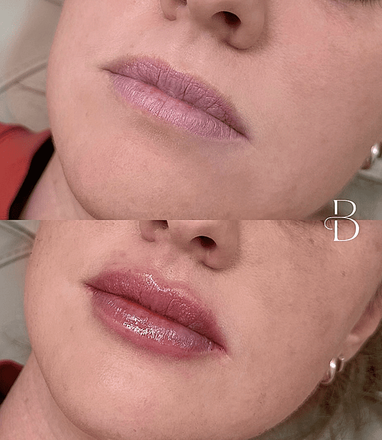 Before and after lip filler results of a Bloom Aesthetics client