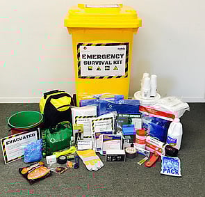 Emergency survival kit in a yellow wheelie bin large