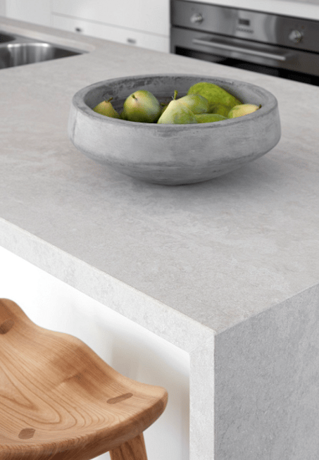Caesarstone topus concrete kitchen bench with waterfall leg