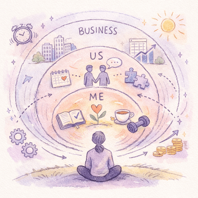 Pastel hand-drawn illustration showing Daily Truthful Actions across ME, US, and BUSINESS. A person sits peacefully as three nested circles show personal calm (ME), relational clarity (US), and business performance (BUSINESS). Symbols include journal, tea, dumbbell, conversation, puzzle pieces, buildings, charts, gears, and coins. Soft lavender and pink colors create an intelligent, human-centered alignment theme.