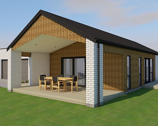Image of white brick cladded house with timber accents. New house & land package in Otorohanga by Coull Builders. King Country, New Zealand.