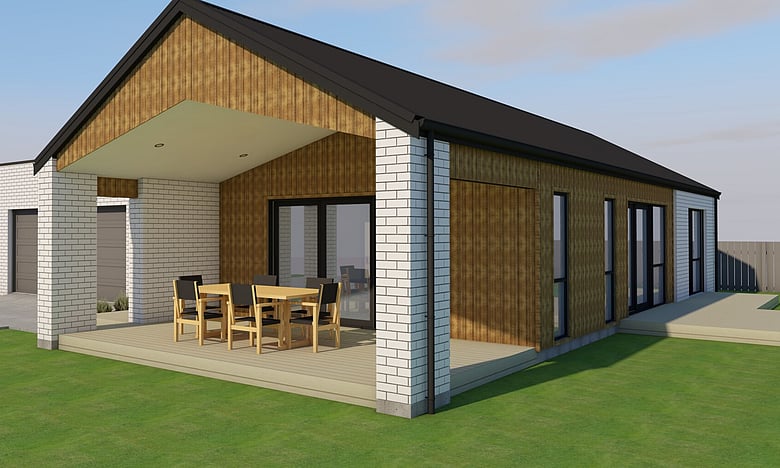 Image of white brick cladded new home with timber accents, and outdoor alfresco area. House & land package available by Coull Builders, Otorohanga.