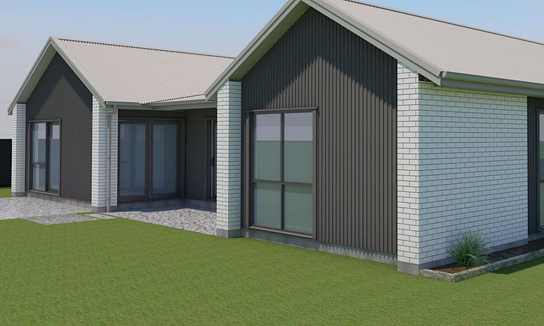 Image of light coloured brick home with dark timber accents. Modern H shaped family home. House & land package available by Coull Builders, Otororanga.