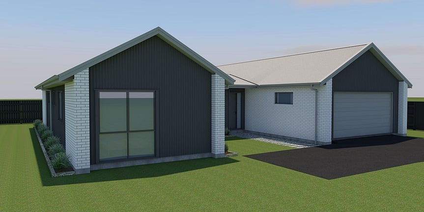Image of light coloured brick home with dark timber accents. Modern H shaped family home. House & land package available by Coull Builders, Otororanga.