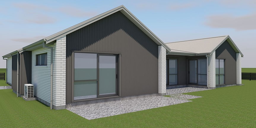 Image of light coloured brick home with dark timber accents. Modern H shaped family home. House & land package available by Coull Builders, Otororanga.