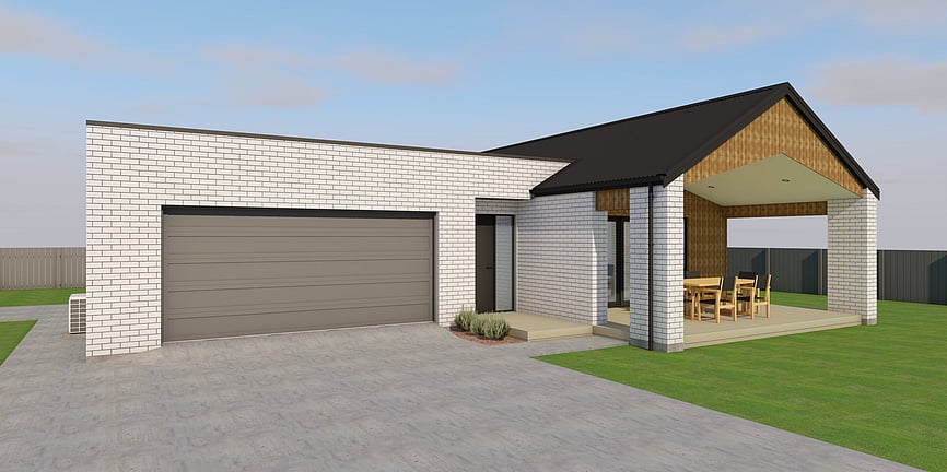 Image of white brick cladded new home with timber accents, and outdoor alfresco area. House & land package available by Coull Builders, Otorohanga.