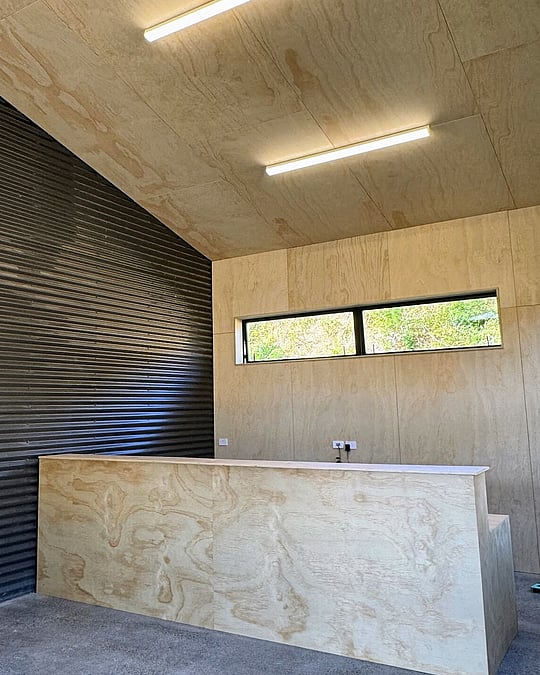 Dark exterior cladded office space in Waitomo, with plywood interior. Built by Coull Builders