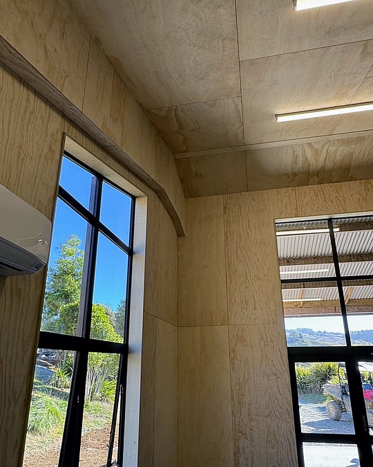 Office space interior lined with plywood, paired with large expansive windows with dark joinery. Coull Builders, Otorohanga.