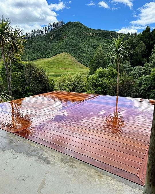 New decking with rural outlooks amongst cabbage trees. Coulls Builders, Otorohanga.