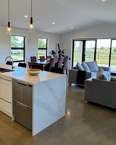 Image of the new modern kitchen and living area. Light and airy design. New build by Coull Builders, Otorohanga.