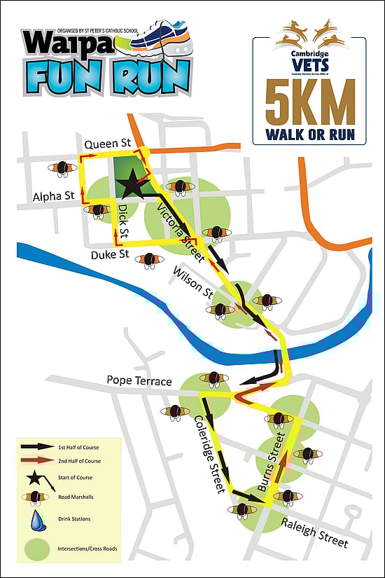 View the course map for the Waipa Fun Run 5km walk or run
