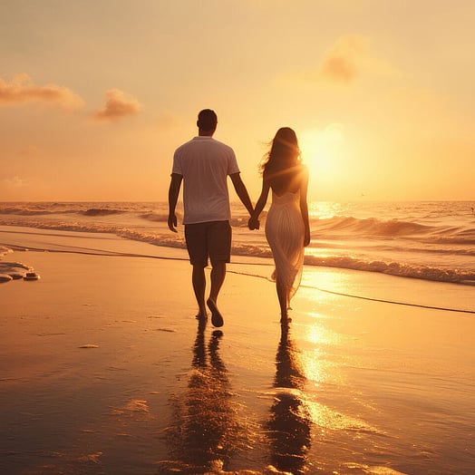 Couple walking along the beach at sunset during a destination wedding or honeymoon