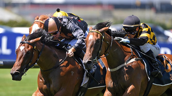Liguria (outside) winning the Gr.3 Colin Jillings 2YO Classic (1200m) at Ellerslie on Saturday.  -  Photo: Kenton Wright (Race Images)