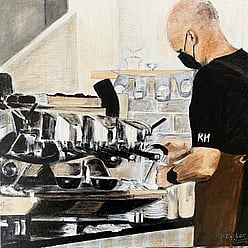 Image of painting by New Zealand artist, Dianne D Baker. Acrylic and oil painter. Cafe Barista