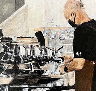 Image of painting by New Zealand artist, Dianne D Baker. Acrylic and oil painter. Cafe Barista.
