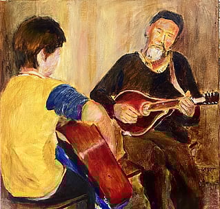 Image of painting by New Zealand artist, Dianne D Baker. Acrylic and oil painter. Musicians.
