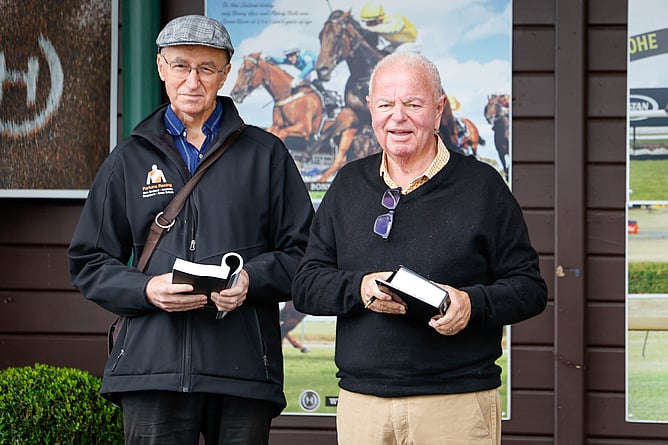 Te Akau Racing principal David Ellis CNZM (right) alongside Fortuna's John Galvin at Karaka last week  - Photo: Angelique Bridson