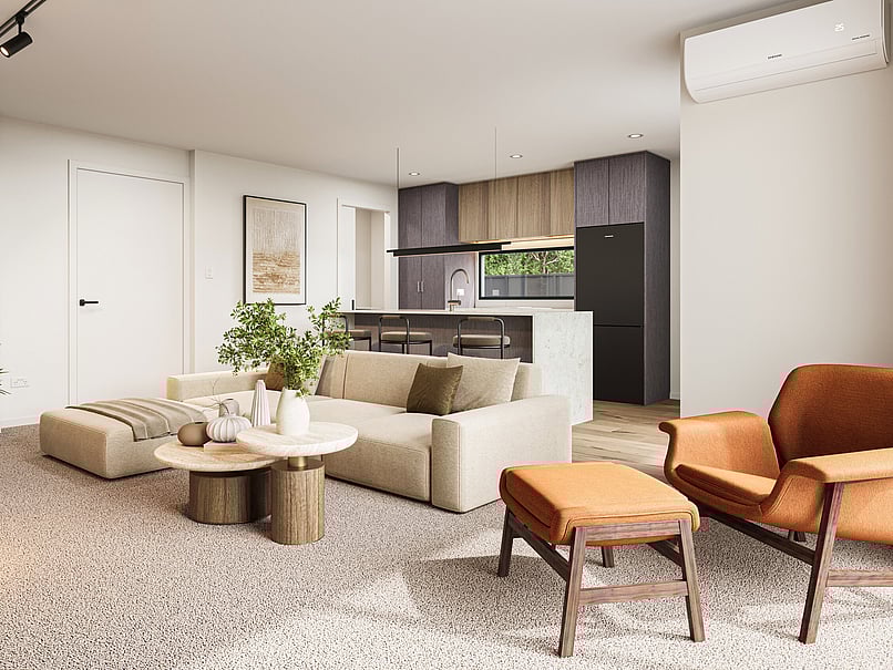 Construction of the Lounge interior image of Highgate Ridge  townhouse in Maori Hill by MJW Homes. Dunedin, Otago NZ Station townhouses by property developer, MJW Homes. Dunedin. Otago. New Zealand.