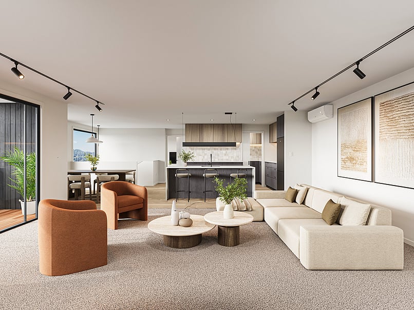 Lounge interior image of Highgate Ridge  townhouse in Maori Hill by MJW Homes. Dunedin, Otago NZ