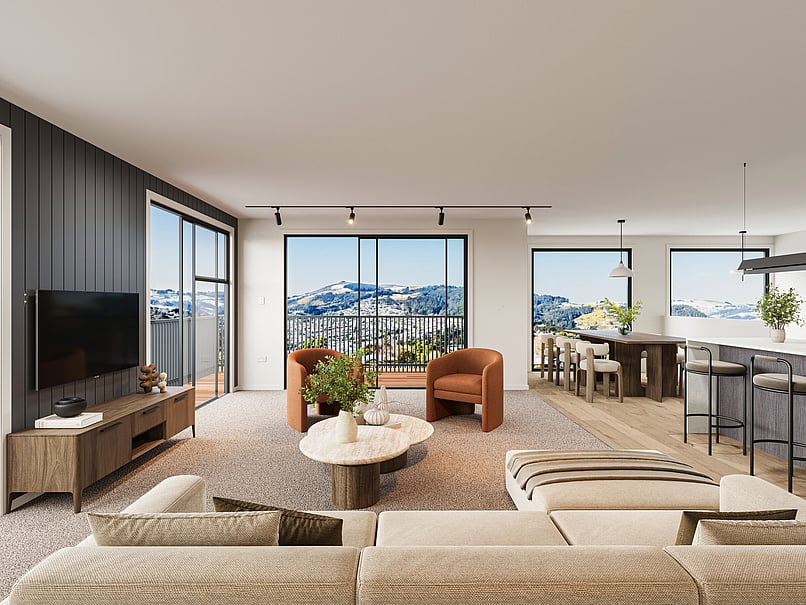Lounge interior image of Highgate Ridge  townhouse in Maori Hill by MJW Homes. Dunedin, Otago NZ