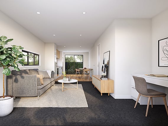 Lounge image of South Station townhouse development. MJW Homes. Dunedin, Otago. NZ.