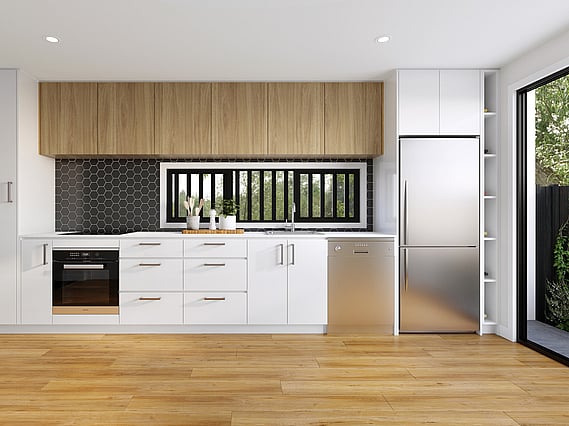 Kitchen image of South Station townhouse development. MJW Homes. Dunedin, Otago. NZ.