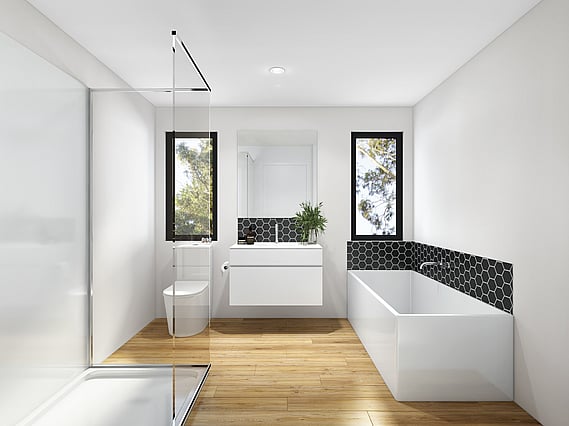 Bathroom image of South Station townhouse development. MJW Homes. Dunedin, Otago. NZ.