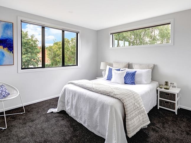 Guest bedroom image of Ajax Street townhouse development. MJW Homes. Dunedin, Otago. NZ.