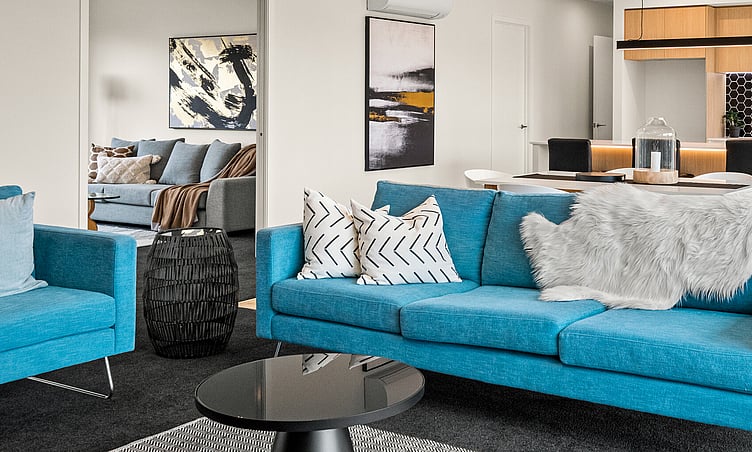 Image of contemporary style lounge from the Dundee Road house development. MJW Homes. Dunedin, Otago. NZ.