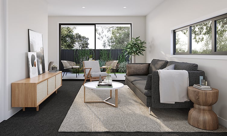 Image of contemporary style lounge from the South Station townhouse development. MJW Homes. Dunedin, Otago. NZ.
