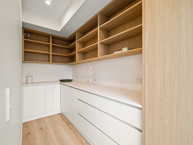 Butlers kitchen image of Dundee Road townhouse development. MJW Homes. Dunedin, Otago. NZ.