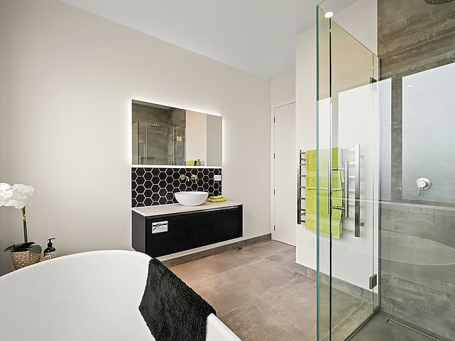 Bathroom image of Dundee Road townhouse development. MJW Homes. Dunedin, Otago. NZ.