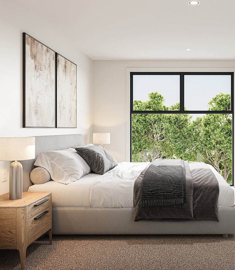 Image of warm contemporary bedroom at Hightridge Gate townhouse collection at Maori Hill by MJW Homes. Dunedin, Otago.