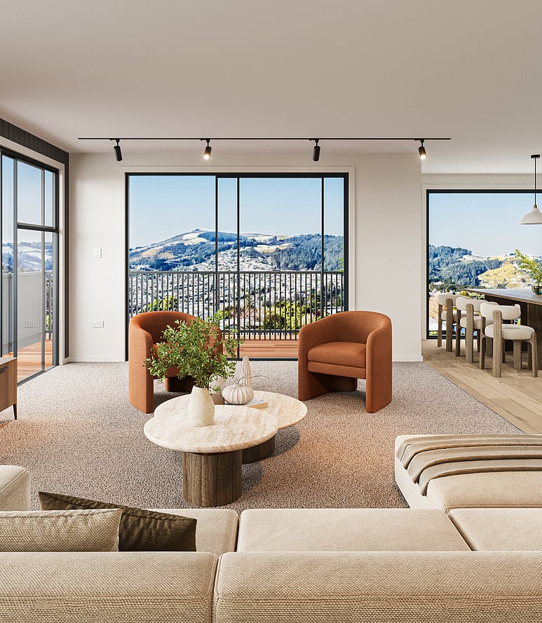 Image of warm contemporary living area with views at Hightridge Gate townhouse collection at Maori Hill by MJW Homes. Dunedin, Otago.