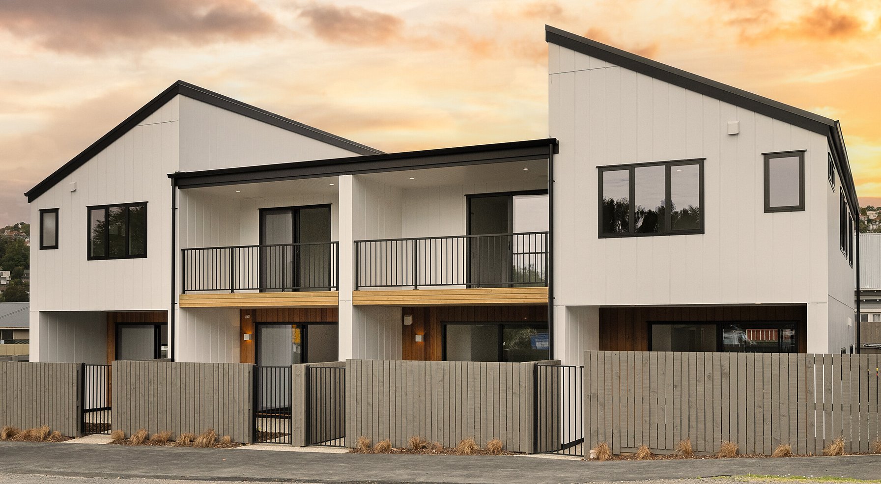 Full front exterior image of South Station townhouse development. MJW Homes. Dunedin, Otago. NZ.