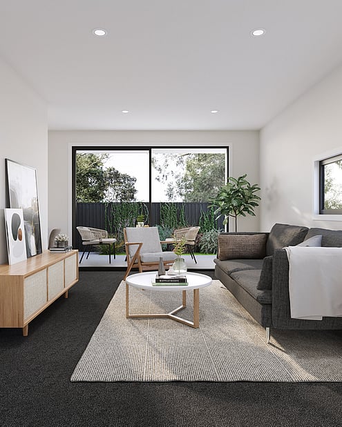Image of contemporary style lounge from the South Station townhouse development. MJW Homes. Dunedin, Otago. NZ.