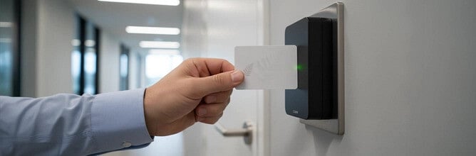 Hand presents a security card to a wall-mounted reader with a green light, showing swipe card access control for an office entrance.