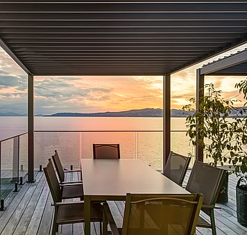 Large deck and dining at upper terrace units at Roam, Taupo