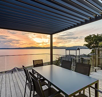 Lake Taupo view from kitchen at Roam Taupo