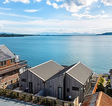 Drone shot of lakefront accommodation in Taupo, New Zealand