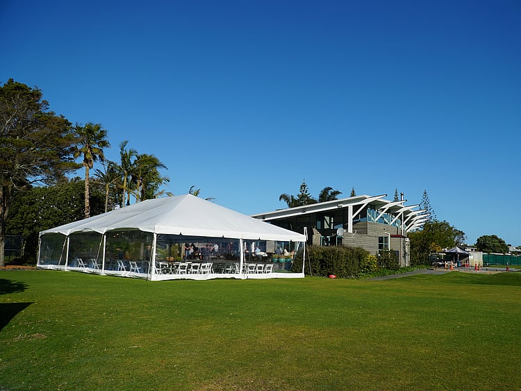 Covered viewing area with clear span marquee &ndash; spectator marquee hire Auckland for sports events