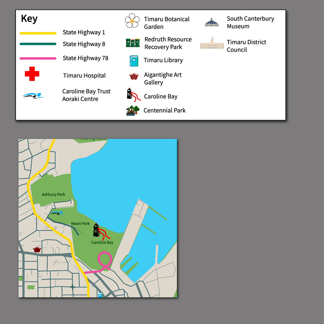 Custom graphic design map key for Timaru District Council showing state highways, landmarks and public facilities &mdash; designed by Scooch Marketing