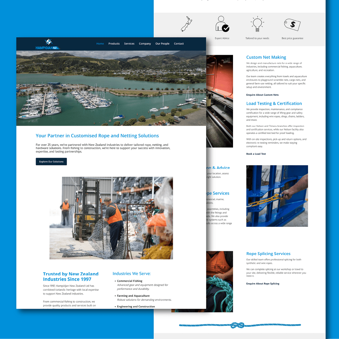 Hampidjan NZ homepage after website redesign, featuring custom branding and updated photography &mdash; graphic design by Scooch