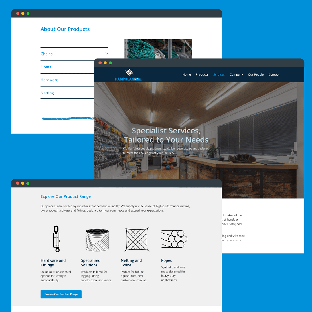 Hampidjan NZ product and services page showing custom illustrations and clean website layout designed by Scooch Marketing